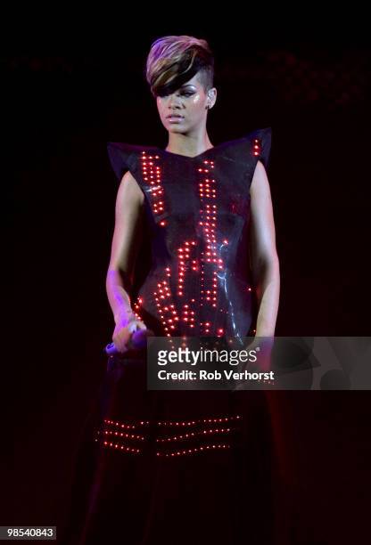 Rihanna performs on stage at Gelredome on April 17, 2010 in Arnhem, Netherlands.