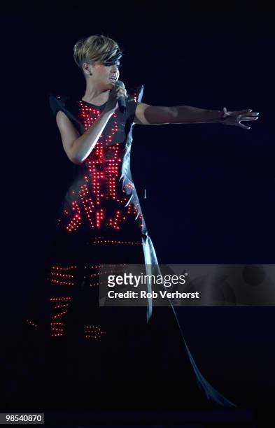 Rihanna performs on stage at Gelredome on April 17, 2010 in Arnhem, Netherlands.