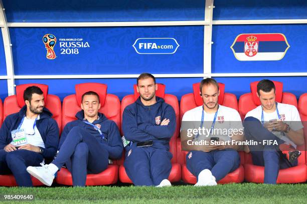 Luka Milivojevic, Milan Rodic, Branislav Ivanovic, Marko Dmitrovic and Uros Spajic of Serbia relax prior to the 2018 FIFA World Cup Russia group E...