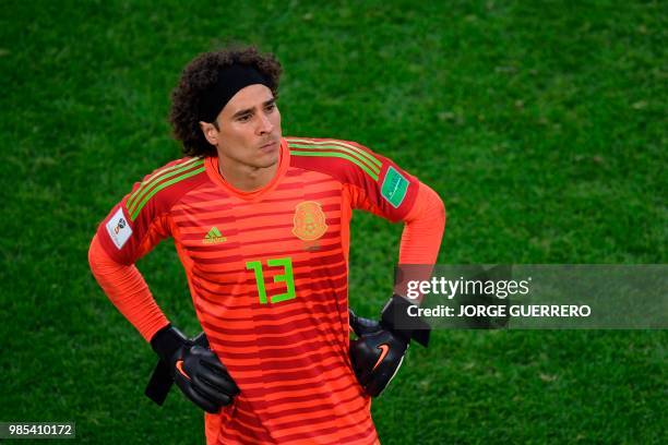 Mexico's goalkeeper Guillermo Ochoa reacts after the Russia 2018 World Cup Group F football match between Mexico and Sweden at the Ekaterinburg Arena...
