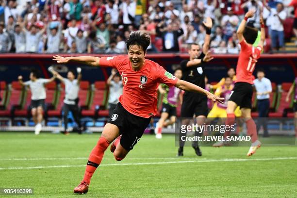 South Korea's defender Kim Young-gwon celebrates after scoring a goal during the Russia 2018 World Cup Group F football match between South Korea and...