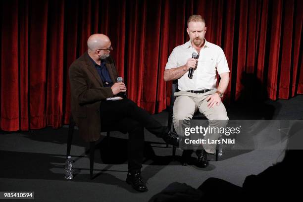 Moderator Joe Neumaier and actor Ben Foster on stage during The Academy of Motion Picture Arts and Sciences official academy screening of "Leave No...