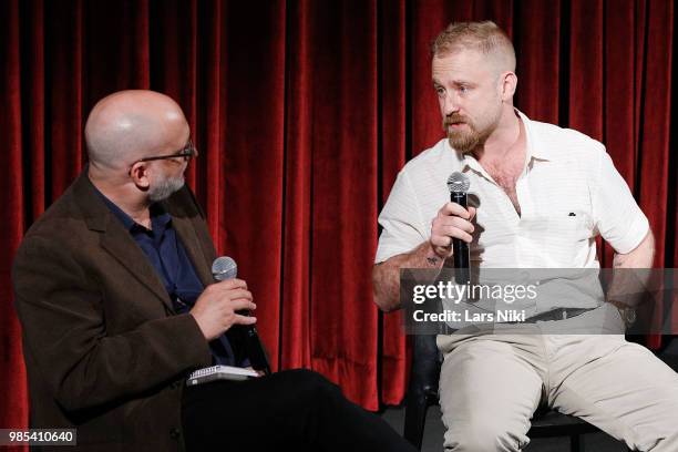 Moderator Joe Neumaier and actor Ben Foster on stage during The Academy of Motion Picture Arts and Sciences official academy screening of "Leave No...