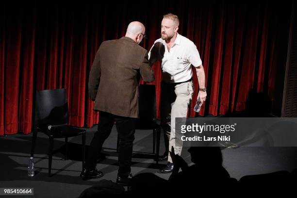 Moderator Joe Neumaier and actor Ben Foster on stage during The Academy of Motion Picture Arts and Sciences official academy screening of "Leave No...