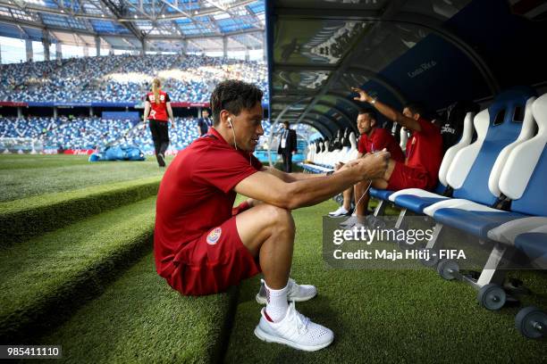 Christian Bolanos of Costa Rica takes a selfie pitchside prior to the 2018 FIFA World Cup Russia group E match between Switzerland and Costa Rica at...