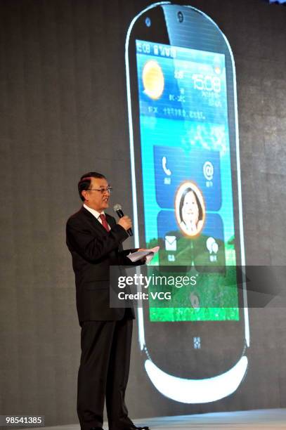 Lenovo Group's chairman Liu Chuanzhi speaks during the launching ceremony of LePhone on April 19, 2010 in Beijing, China.