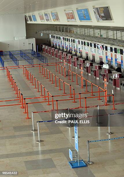 An empty Check-In hall is pictured at Liverpool's John Lennon Airport in north-west England, on April 19 following the closure of all UK airports due...