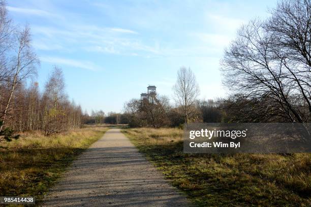 a view on the 2 schafts of the abandond mining industrie in eisden (belgium) - industrie - fotografias e filmes do acervo