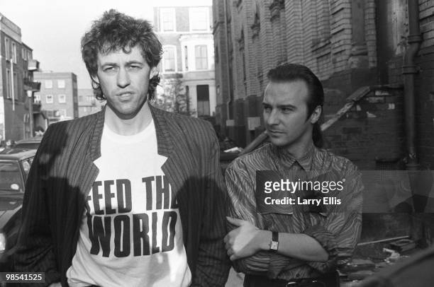 Bob Geldof and Midge Ure pictured outside SARM Studios in Notting Hill, London, during the recording of the Band Aid single 'Do They Know It's...