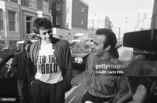 Bob Geldof and Midge Ure pictured outside SARM Studios in Notting Hill, London, during the recording of the Band Aid single 'Do They Know It's...