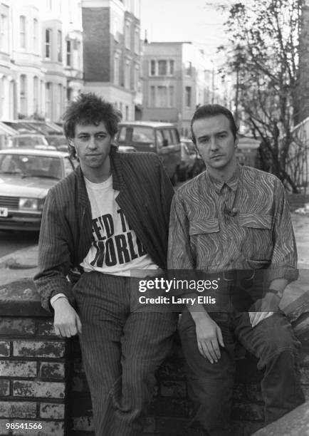 Bob Geldof and Midge Ure pictured outside SARM Studios in Notting Hill, London, during the recording of the Band Aid single 'Do They Know It's...