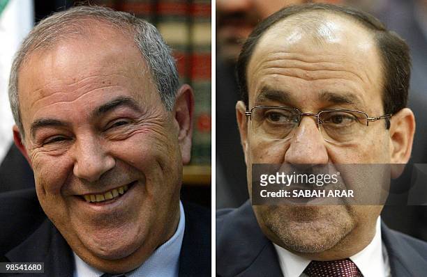 Picture combo shows former Iraqi premier Iyad Allawi smiling during an interview with AFP in his office in Baghdad on February 20, 2005 and Iraqi...