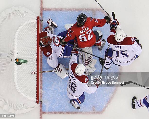 Mike Green of the Washington Capitals skates in on Jaroslav Halak in Game Two of the Eastern Conference Quarterfinals during the 2010 NHL Stanley Cup...