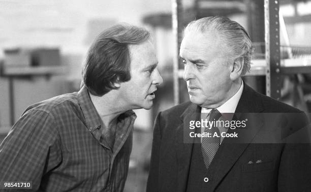 George Cole pictured as Arthur Daley with Dennis Waterman as Terry McCann, in a scene from the ITV drama Minder, 26th May 1988.