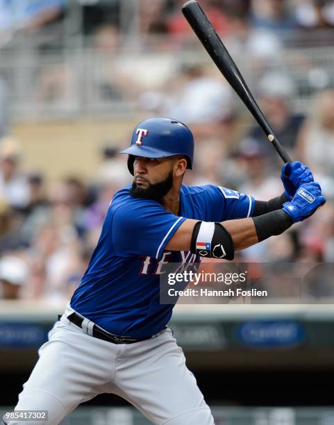 Nomar Mazara of the Texas Rangers takes an at bat against the Minnesota Twins during the game on June 24, 2018 at Target Field in Minneapolis,...