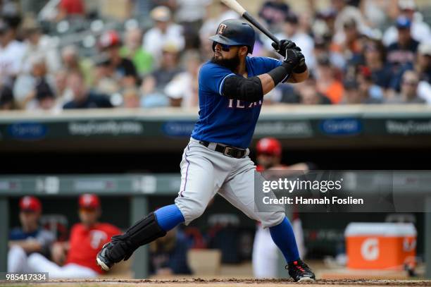 Rougned Odor of the Texas Rangers takes an at bat against the Minnesota Twins during the game on June 24, 2018 at Target Field in Minneapolis,...