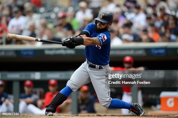 Rougned Odor of the Texas Rangers takes an at bat against the Minnesota Twins during the game on June 24, 2018 at Target Field in Minneapolis,...