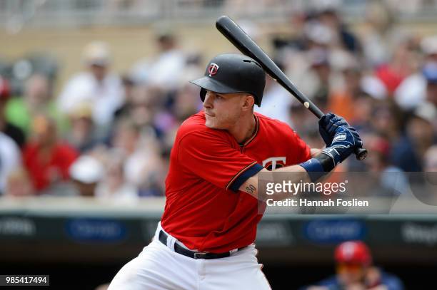 Max Kepler of the Minnesota Twins takes an at bat against the Texas Rangers during the game on June 24, 2018 at Target Field in Minneapolis,...