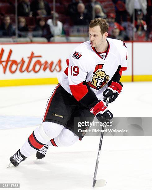 Jason Spezza of the Ottawa Senators skates during the warm up period prior to facing the Montreal Canadiens in the NHL game on March 22, 2010 at the...