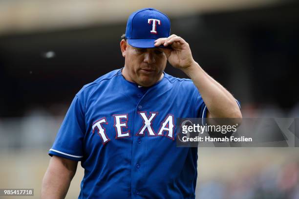 Bartolo Colon of the Texas Rangers looks on during the game against the Minnesota Twins on June 24, 2018 at Target Field in Minneapolis, Minnesota....