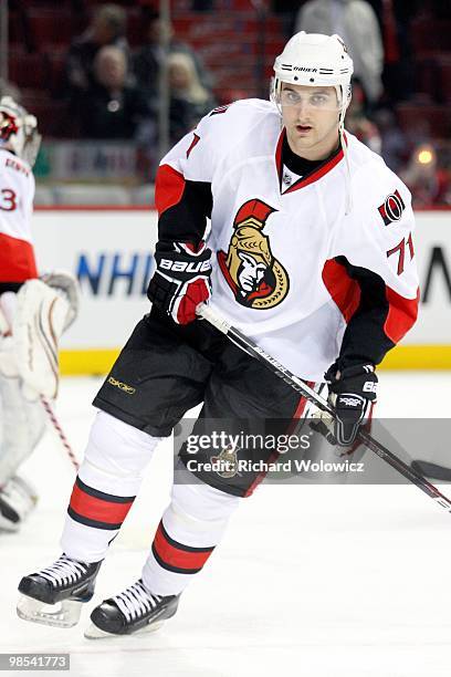 Nick Foligno of the Ottawa Senators skates during the warm up period prior to facing the Montreal Canadiens in the NHL game on March 22, 2010 at the...