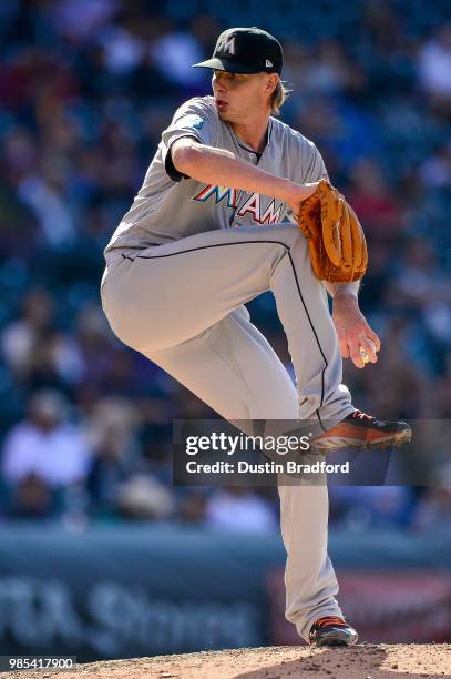 Adam Conley of the Miami Marlins pitches against the Colorado Rockies in the seventh inning of a game at Coors Field on June 24, 2018 in Denver,...