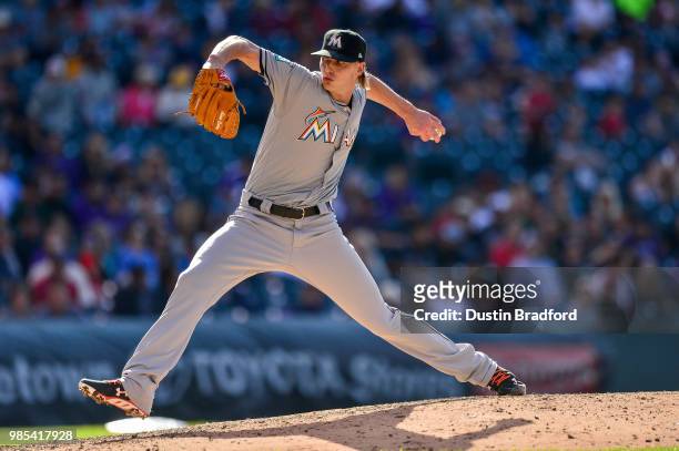 Adam Conley of the Miami Marlins pitches against the Colorado Rockies in the seventh inning of a game at Coors Field on June 24, 2018 in Denver,...