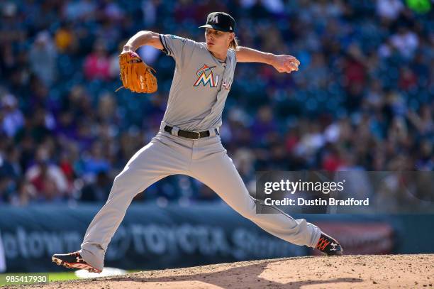 Adam Conley of the Miami Marlins pitches against the Colorado Rockies in the seventh inning of a game at Coors Field on June 24, 2018 in Denver,...