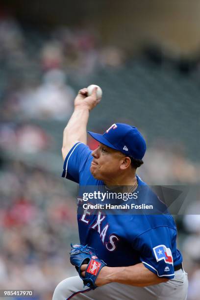 Bartolo Colon of the Texas Rangers delivers a pitch against the Minnesota Twins during the game on June 24, 2018 at Target Field in Minneapolis,...