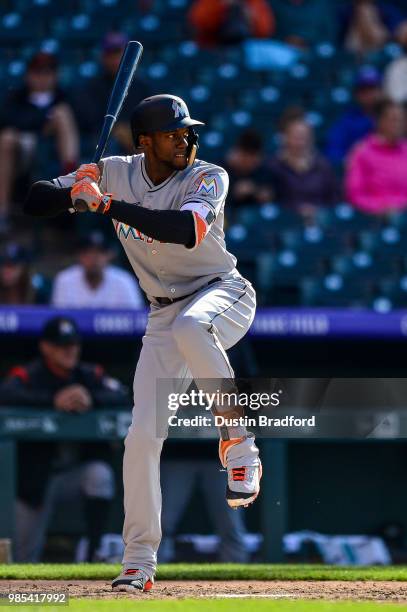 Cameron Maybin of the Miami Marlins bats against the Colorado Rockies at Coors Field on June 24, 2018 in Denver, Colorado.