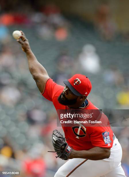 Fernando Rodney of the Minnesota Twins delivers a pitch against the Texas Rangers during the game on June 24, 2018 at Target Field in Minneapolis,...