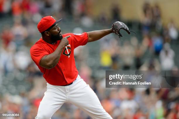 Fernando Rodney of the Minnesota Twins celebrates defeating the Texas Rangers after the game on June 24, 2018 at Target Field in Minneapolis,...