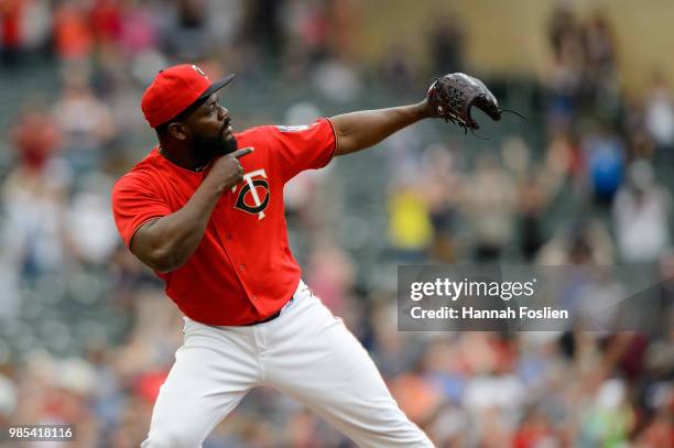 Fernando Rodney of the Minnesota Twins celebrates defeating the Texas Rangers after the game on June 24, 2018 at Target Field in Minneapolis,...