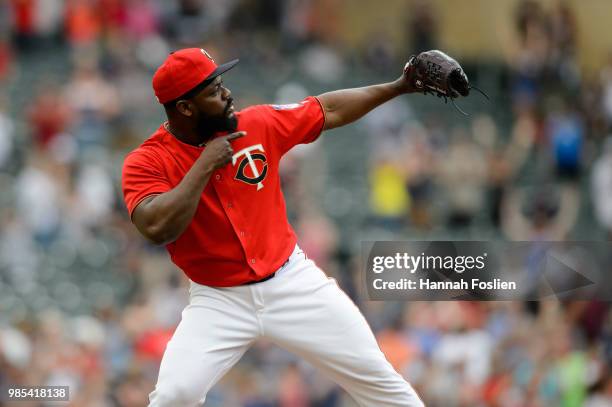 Fernando Rodney of the Minnesota Twins celebrates defeating the Texas Rangers after the game on June 24, 2018 at Target Field in Minneapolis,...