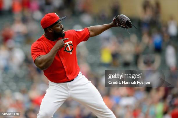 Fernando Rodney of the Minnesota Twins celebrates defeating the Texas Rangers after the game on June 24, 2018 at Target Field in Minneapolis,...