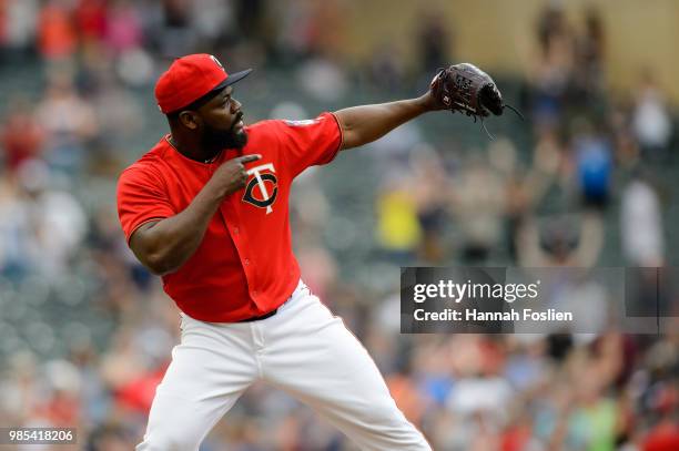 Fernando Rodney of the Minnesota Twins celebrates defeating the Texas Rangers after the game on June 24, 2018 at Target Field in Minneapolis,...