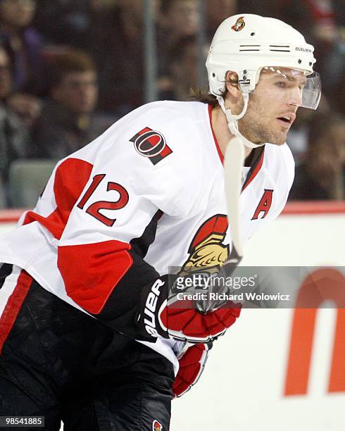 Mike Fisher of the Ottawa Senators skates during the NHL game against the Montreal Canadiens on March 22, 2010 at the Bell Centre in Montreal,...