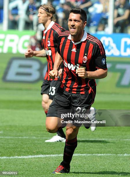 Marco Borriello of AC Milan celebrates scoring his team's opening goal during the Serie A match between UC Sampdoria and AC Milan at Stadio Luigi...