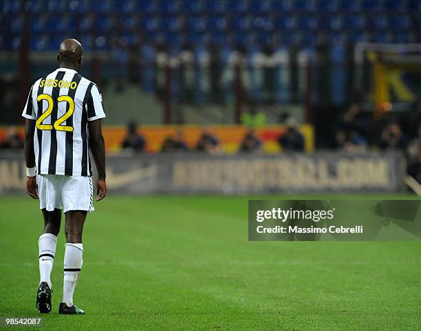 Mohammed Sissoko of Juventus FC let the pitch after taking a red card during the Serie A match between FC Internazionale Milano and Juventus FC at...