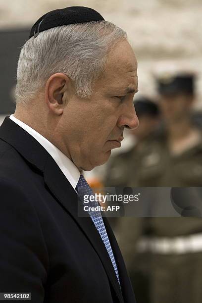 Israel's Prime Minister Benjamin Netanyahu attends the annual Memorial Day at the Mt. Herzl military cemetery in Jerusalem, on April 19, 2010. Israel...