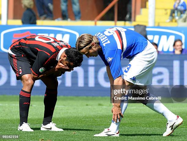 Reto Ziegler of UC Sampdoria and Amantino Mancini of AC Milan during the Serie A match between UC Sampdoria and AC Milan at Stadio Luigi Ferraris on...