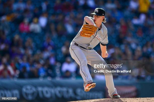 Adam Conley of the Miami Marlins pitches against the Colorado Rockies in the seventh inning of a game at Coors Field on June 24, 2018 in Denver,...