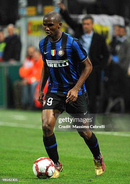 Samuel Eto'o Fils of FC Internazionale Milano in action during the Serie A match between FC Internazionale Milano and Juventus FC at Stadio Giuseppe...