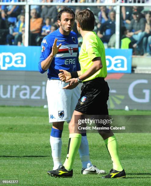 Giampaolo Pazzini of UC Sampdoria talks with the referee Nicola Rizzoli the Serie A match between UC Sampdoria and AC Milan at Stadio Luigi Ferraris...