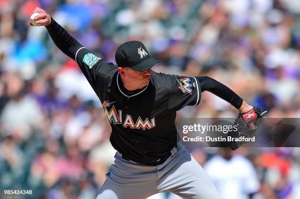 Brad Ziegler of the Miami Marlins pitches against the Colorado Rockies at Coors Field on June 23, 2018 in Denver, Colorado.