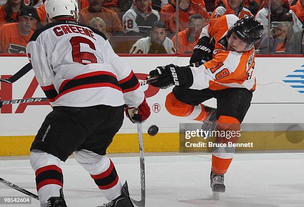 Mike Richards of the Philadelphia Flyers skates against the New Jersey Devils in Game Three of the Eastern Conference Quarterfinals during the 2010...