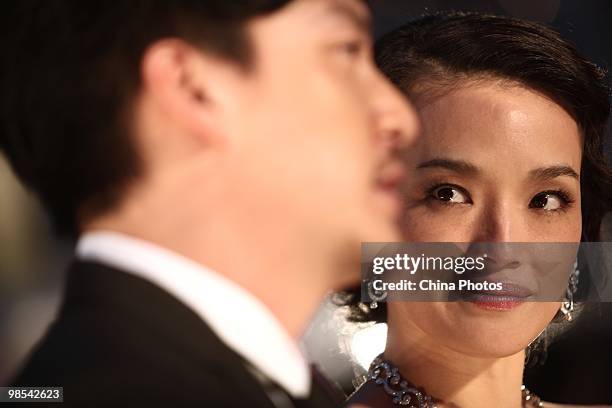 April 18: Taiwan actress Shu Qi and actor Chang Chen pose on the red carpet during the 29th Hong Kong Film Awards Presentation Ceremony on April 18,...