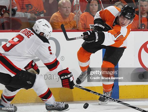 Mike Richards of the Philadelphia Flyers skates against the New Jersey Devils in Game Three of the Eastern Conference Quarterfinals during the 2010...