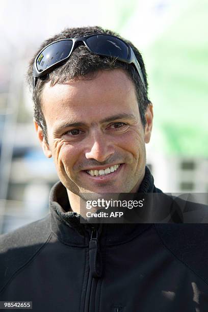 French yachtsman Franck Cammas, winner of the Jules Verne Trophy, poses on April 17, 2010 in Concarneau, western France, one day before the start of...