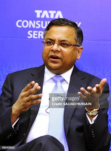 Tata Consultancy Services CEO and MD N. Chandrasekaran announces the company's fourth quarter results at a press conference in Mumbai on April 19,...